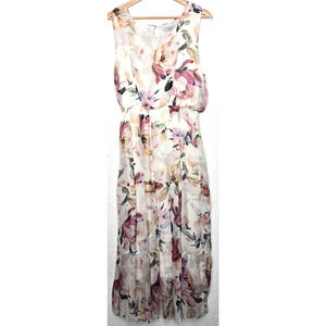 Lara G Dress Womens XL Ivory Pink Floral Silk Tiered Midi Boho Fairy Flowy Italy